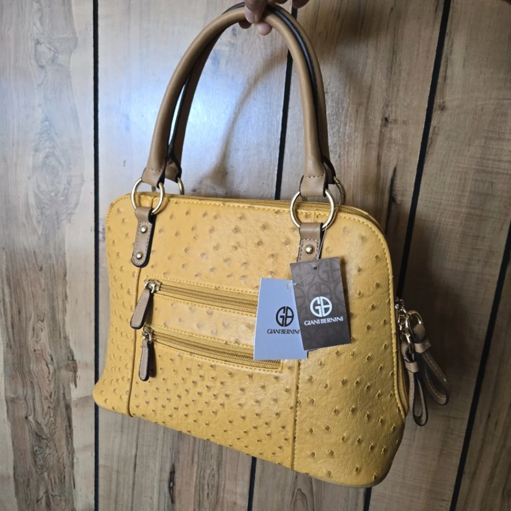 👜 Giani Bernini Ostrich-Embossed Dome Satchel – Spicy Mustard (NWT!) 👜 - Picture 2 of 5